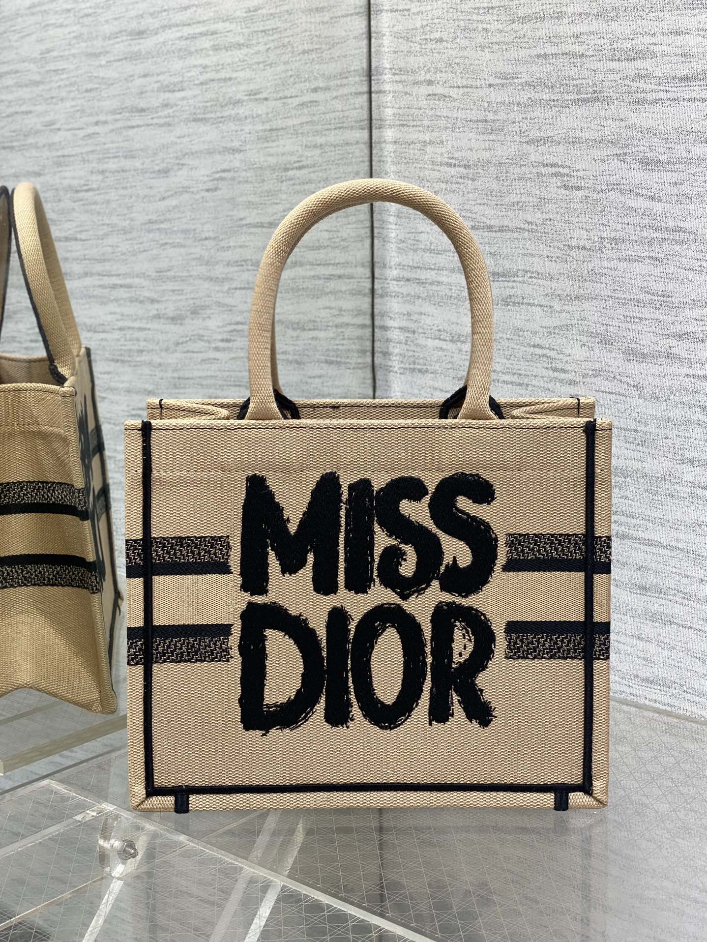 Small Dior Book Tote Bag Beige and Black Miss Dior Graffiti Embroidery